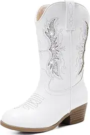 [Motasha] Sparkly Glitter Cowgirl Cowboy Boots for Girls Little Kids Mid Calf Zipper Pointed Toes Low Heel Western Embroidery Party Birthday Toddler to Big Kid