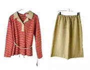 NOS VTG 70s Womens Large Striped Knit Polo Shirt Straight Skirt Set USA Hippy