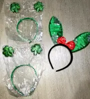 NEW ST PATRICKS DAY 3 HEADBANDS 2 WITH SHAMROCKS 1 WITH BUNNY EARS RED BOW 1 SIZ