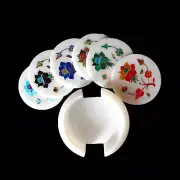unique marble coaster set with holder semi precious inlaid Flower Art Decor