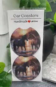 2 PC Car Cup Holder Coaster Set 2.75" Anti Slip Silicone Back New Horses