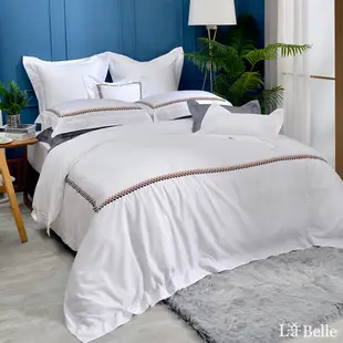 義大利La Belle 波光菱菱-優雅白 加大長絨細棉刺繡四件式被套床包組 (共兩色)