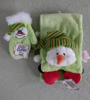 Cozy Cuties Snowman Plush Neck Scarf & Mittens Set Green Red White Ganz