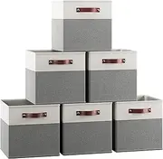 [Ornavo Home] 11 x 11 Storage Cube Bins, Foldable Collapsible Fabric Storage Bins Box Linen Shelf Basket Cube Organizer for Closet with Leather Handles, 6 Pack, White/Gray