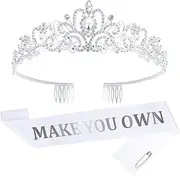 [FASOTY] Custom Sash with Crown White Blank Satin Sash For Women Girls Birthday Prom Pageant Bride to Be Sash and Tiara Make Your Own