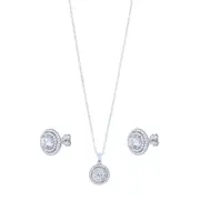 Bevilles Sterling Silver Cubic Zirconia Double Halo Stud Earring and Necklace Set