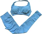 [Generic] 2 Piece Seamless Yoga Set for Women Ruched Shorts Leggings Sports Bra Backless Fitness