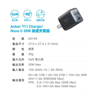 【ANKER】安克原廠 711  Nano II 充電器 30W PD氮化镓 GAN 蘋果充電器 A2146