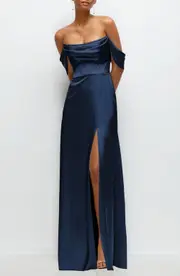 After Six Off the Shoulder Satin Charmeuse Gown with Removable Sleeves in Midnight at Nordstrom, Size 12