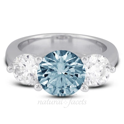1.38ct Blue SI2 Round Natural Certified Diamonds 18k Classic Three Stone Ring