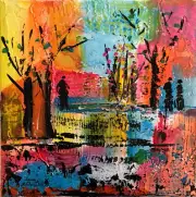 Original painting 10x10" textured Canvas springtime park by Lynne Kohler
