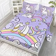 Axolotl Unicorn Kids Sheet Set Full - Rainbow Bedding With Fitted Sheet, Purple Unicorn Design for Girls, Teens - 1 Flat Sheet, 1 Fitted Sheet, 2 Pillowcases