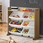 OIKITURE Kids Toy Storage Organizer with 9 Removable Storage Bins, Multi-Bin Kids Toy Box Display Shelf for Toys Storage, Removable Plastic Bins Boxes Shelf