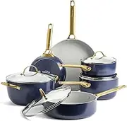 GreenPan Hard Anodized Healthy Ceramic Nonstick 10 Piece Cookware Pots and Pans Set, Gold Handle, PFAS-Free, Dishwasher Safe, Oven Safe, Dark Blue