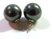 Peacock/Rainbow BLACK Sea Shell Pearl Stud Earrings 14K Solid Yellow Gold Posts