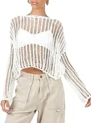 [Generic] Crochet Cover Up for Women Mesh Sexy Swim Beach Cover Up Long Sleeve Knit Crop Top