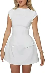 [Generic] Women's Elegant Pockets Mini Dress Short Sleeve Mock Turtle Neck A Line Tank Short Dresses Bodycon for Party Cocktail