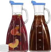 2 Pack Glass Pitchers with Handles and Lids, 2 Quart Glass Carafe with Silicone Pour Spout for Juice, Milk, Iced Tea, Beverage, Wine, 64 Oz Drink Dispenser for Fridge, Bruch, Party, Mimosa Bar