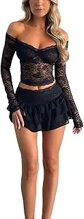[Mieeyali] Women 2 Piece Lace Mini Skirt Set Sheer Mesh Deep V Neck Crop Top Bodycon Skirt Matching Set Y2k Party Club Outfit