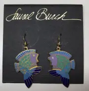 Laurel Burch Balinese Carp Fish Blue Green Cloisonne 22kGF Dangle Earrings NOS