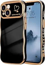 ELEPIK for iPhone 14 Case for Women Girls, Cute Wave Frame Curly Shape with Love Heart, Raised Camera Protection, Luxury Plating Shockproof for iPhone 14 Phone Case, Black