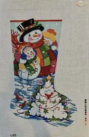 Lee Needlepoint Hand Painted Christmas Stocking Canvas Snowman Family Bright 22”