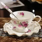 [fanquare] Flower Tea Cup with Saucer, Vintage Coffee Tea Cup Set, Ceramic Coffee Cup for Breakfast Afternoon Tea, White