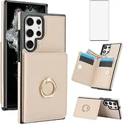 [Asuwish] Phone Case for Samsung Galaxy S22 Ultra 5G Cover with Tempered Glass Screen Protector and RFID Card Holder Slot Ring Kickstand Accessories S22ultra 22S S 22 S22ultra5g 6.8 Women Men Off White