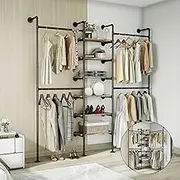 Industrial Pipe Clothes Rack, DÉCOR Wall Mounted Clothing Rack, for Walk-in Wardrobe Multi-Purpose Storage Clothes Hanging Shelf, 2 Installation Methods
