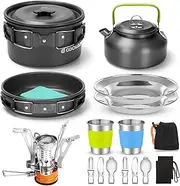 Odoland Camping Cookware Mess Kit with Mini Stove, Lightweight Pot Pan Kettle with 2 Cups, Fork Knife Spoon Kit for Backpacking, Outdoor Camping Hiking and Picnic