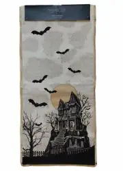 RACHEL ZOE HALLOWEEN BEADED HAUNTED HOUSE TABLE RUNNER BLACK GOLD GRAY