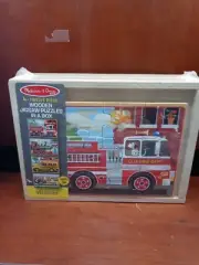 4 twelve piece wooden jigsaw puzzles in a box Melissa Doug fire truck train NIB