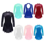 Kids Girls Mesh Shiny Rhinestones Figure Ice Skating Roller Dress Dance Costume