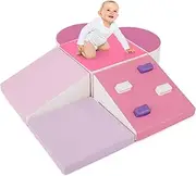 BABY JOY Kids Climb and Crawl Activity Play Set, 6-Piece Foam Climbing Blocks Lightweight Soft Climbing Indoor Set with Hook and Loop Fasteners, Toy for Babies, Toddlers and Kids 1+ Years Old, Pink