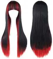 IMISSU 26'' Long Curly Natural Hair Cosplay Wig with Bangs Colorful Halloween Costume Party Wigs for Women (Black Red)
