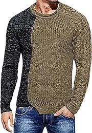 [Qolkmuiy-GJ] Mens Contrast Cable Knitted Pullover Sweater Crew Neck Ripped Knit Sweaters Twist Textured Winter Sweatshirt