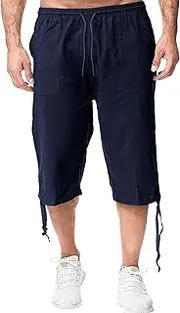 [JEShifangjiusu] Men's Causual 3/4 Long Cotton Shorts Drawstring Elastic Waist Cargo Straight Shorts Wide Leg Baggy Pants, Navy Blue B1, L