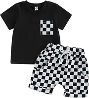[Karuedoo] Baby Boy Girl Summer Outfits Checkered Plaid Short Sleeve T-Shirt Top Shorts Set Trendy Toddler Checkerboard Outfit