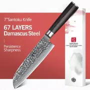 Santoku Knife 67 Layers Damascus Steel Wood Premium Handle Hammered Chef Slicing