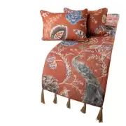 Twin Bed Runner Rust or Orange Quilted, Linen Jute Embroidery - Peacock Soiree