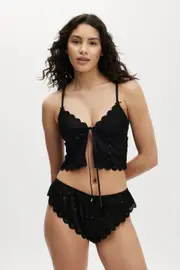 Body - Broderie Longline Lace Tie Up Bralette - Black