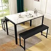 Luxsuite 4pcs Dining Table Set Rectangular Dining Table with 2 Benches Wooden Kitchen Table Set for 4 Persons Space-Saving Breakfast Table for Home Restaurant Pub Black & White