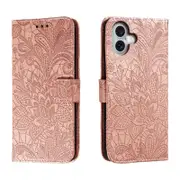 For iPhone 16 Plus Case, PU Leather Floral Lace Cover, Rose Gold