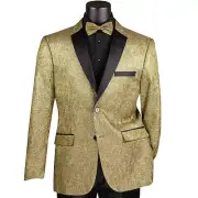 VINCI Men's Gold Metallic Sequins Slim-Fit Tux Jacket w/ Bow-Tie - NEW