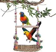 Bird Swing - Colorful Wooden Swing | Wood Perch Swings | Seagrass Woven Hammock Chew Toys | Cockatiel Cage Accessories for Parrot Conure Lovebirds Finches Standing Climbing