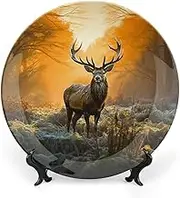 Bone China Decorative Plate Ceramic Dinner Plates Deer in The Grass Ceramic Decorative Plate with Display Stand Art Crafts Ceramic Ornaments for Wall Hanging Decor 8inch
