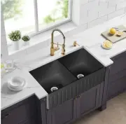 838*457*255mm Greenwich Fireclay Farmhouse Fluted Matte Black Double Bowl Sink