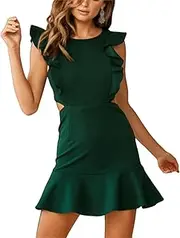 [SHINsuke] Women Summer Cap Sleeve Ruffle Mini Dress Casual Crewneck Cut Out Backless Short A-Line Pencil Sheath Dress Party