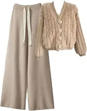 [Generic] Womens Knitted Two Pieces Sets French Fragrance V Neck Cardigans Coats+Wide Leg Pants Sets