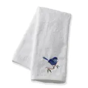 Pilbeam Living Embroidered Blue Wren 42x65cm Cotton Soft Hand Towel Cloth White